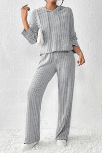 Wide Leg Pants Set | Gray Ribbed Knit Slouchy Hoodie