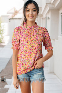 Orange Boho Floral Ruffle Short Sleeve Frill Mock Neck Blouse | Tops/Blouses & Shirts