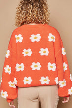 Load image into Gallery viewer, Woman wearing an orange drop shoulder sweater with daisy design, round neck, long sleeves, oversized fit, winter clothes, women&#39;s winter clothes
