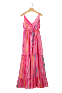 Pink Western Printed Tassel Tie V Neck Wrap Maxi Dress | Dresses/Maxi Dresses