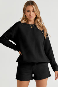 Drawstring Shorts Set | Black Textured Long Sleeve Top Shorts