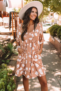 Khaki V Neck Floral Babydoll Dress with Pockets | Dresses/Mini Dresses