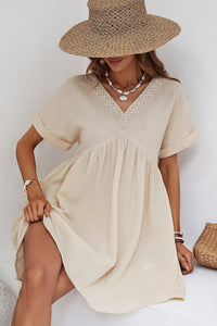 Beige Folded Short Sleeve Lace V Neck Mini Dress | Dresses/Mini Dresses