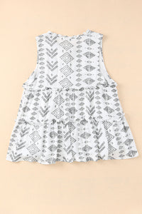 White Tribal Geometric Print Tiered Frilled V Neck Tank Top | Tops/Tank Tops