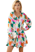 Load image into Gallery viewer, Multicolour Geometric Print Stand Neck Balloon Sleeve Ruffled Dress
