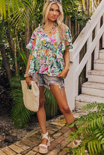 Load image into Gallery viewer, Short Sleeve Blouse | White Tropical Floral Print Ruffled Top
