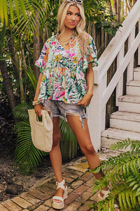 Short Sleeve Blouse | White Tropical Floral Print Ruffled Top