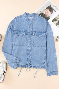 Sky Blue Roll-Up Tab Sleeve Button Down Pocket Denim Jacket | Outerwear/Denim jackets