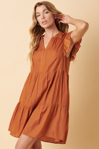 Russet Orange Ruffled Sleeve Notched V Neck Tiered Mini Dress | Dresses/Mini Dresses