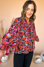 Load image into Gallery viewer, Red Dahlia Abstract Floral Shirred Detail Puff Sleeve Blouse | Tops/Blouses &amp; Shirts
