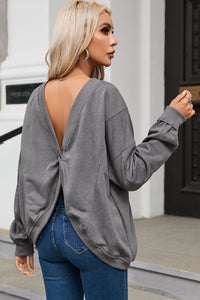 Gray Exposed Seam Twist Open Back Oversized Sweatshirt