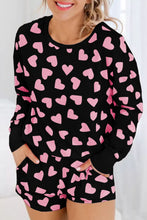 Load image into Gallery viewer, Black Valentine Heart Shape Print Long Sleeve Top Shorts Lounge Set | Loungewear &amp; Sleepwear/Loungewear
