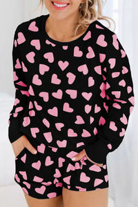 Black Valentine Heart Shape Print Long Sleeve Top Shorts Lounge Set | Loungewear & Sleepwear/Loungewear