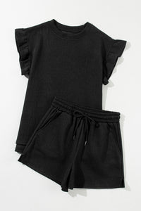 Drawstring Shorts Set | Black Ruffle Split Top and Shorts