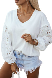 Puff Sleeve Top | White V-neck Embroidered Patchwork