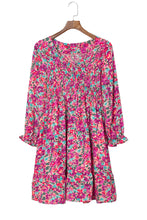 Load image into Gallery viewer, Purple Smocked V Neck Puffy Sleeve Floral Dress | Dresses/Floral Dresses
