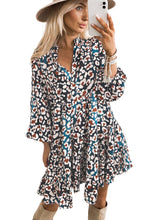 Load image into Gallery viewer, Bubble Sleeve Dress | Blue Leopard Print Ruffled Shirt Dress
