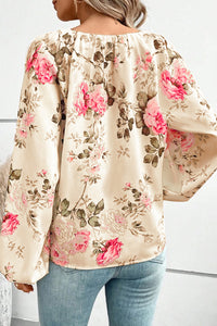 Beige Floral Print Lantern Sleeve V-Neck Blouse | Tops/Blouses & Shirts