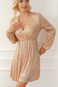 Sequin Dress | Apricot Wrapped V-neck Dress