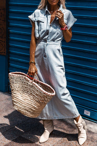 Denim Dress | Beau Blue Short Bat Wing Sleeve Slit Back Dress