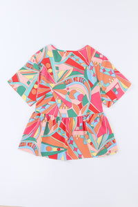 Multicolor Boho Abstract Pattern Split V Neck Flowy Blouse | Tops/Blouses & Shirts