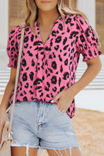 Load image into Gallery viewer, Pink Leopard Notch Neck Bubble Sleeve Blouse | Tops/Blouses &amp; Shirts
