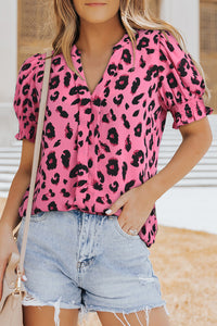 Pink Leopard Notch Neck Bubble Sleeve Blouse | Tops/Blouses & Shirts