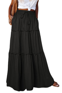 Black Frill Tiered Drawstring Waist Maxi Skirt | Bottoms/Skirts & Petticoat