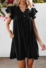 Load image into Gallery viewer, Black Ruffle Sleeve V Neck Frilled Shift Dress
