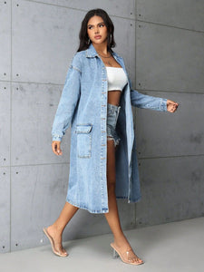 Denim Shacket Dress Pockets Buttons