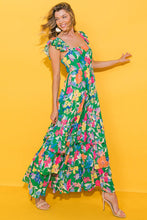 Load image into Gallery viewer, Green Floral Print Sleeveless Ruffle Tiered Maxi Dress | Dresses/Floral Dresses
