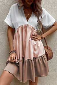 Tiered Loose Dress | Light French Beige Triple Colors V Neck Dress