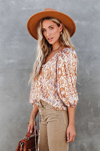 Drawstring Blouse | Brown 3/4 Sleeve Top