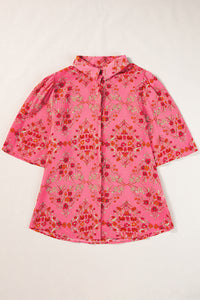 Rose Red Floral Print Wide Short Sleeve Loose Shirt | Tops/Blouses & Shirts