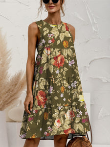 Womens Dress-Tiered Printed Round Neck Sleeveless Dress