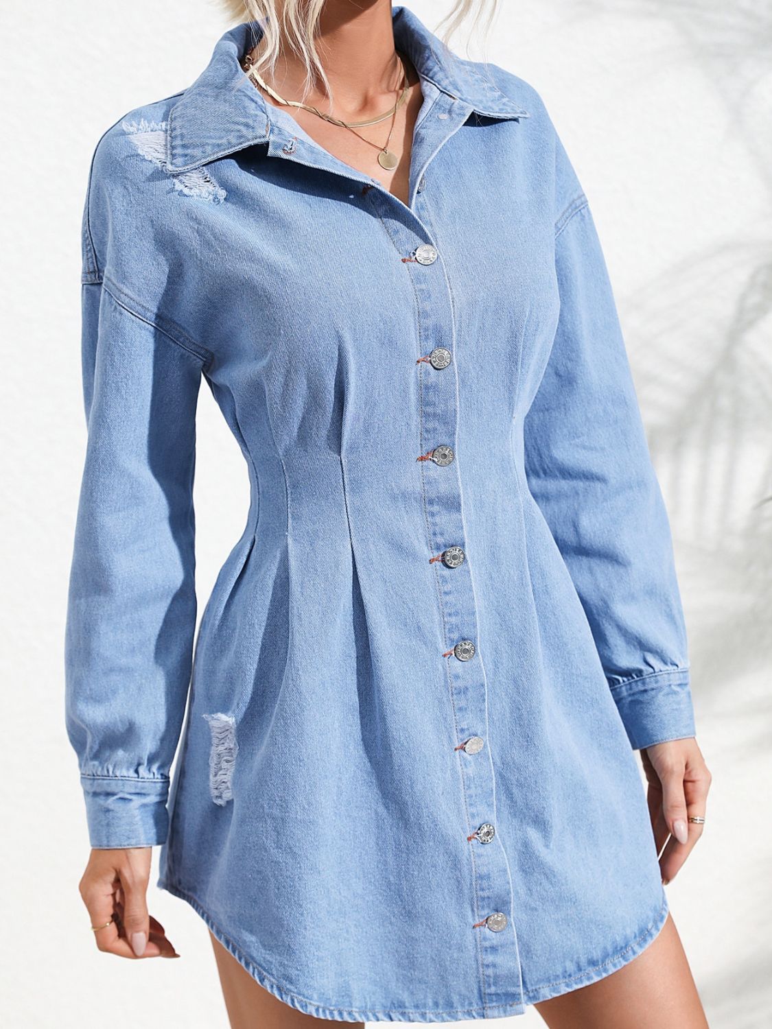 Distressed Denim Dress | Button Up Long Sleeve Dress