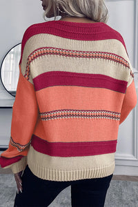 Peach Blossom Striped Pattern Knit V Neck Sweater | Tops/Sweaters & Cardigans