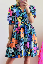 Load image into Gallery viewer, Blue Collared Split Neck Floral Flared Dress | Dresses/Floral Dresses
