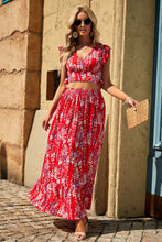 Load image into Gallery viewer, Fiery Red Multicolor Floral Ruffled Crop Top and Maxi Skirt Set | Two Piece Sets/Two Piece Dresses
