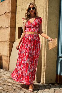 Fiery Red Multicolor Floral Ruffled Crop Top and Maxi Skirt Set | Two Piece Sets/Two Piece Dresses