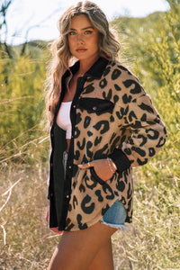 Black Contrast Trimmed Leopard Teddy Shacket | Outerwear/Jackets