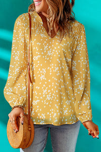 Yellow Split Neck Fall Printed Crinkled Blouse | Tops/Blouses & Shirts