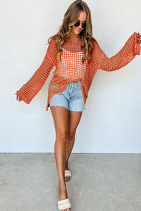 Orange Open Knit Crochet Bell Sleeve Tunic Sweater | Tops/Sweaters & Cardigans