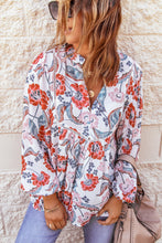 Load image into Gallery viewer, Fiery Red Split Neck Bubble Sleeve Floral Patchwork Blouse
