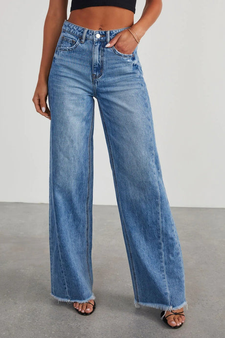 Blue Jeans-Raw Hem Wide Leg Blue Jeans with Pockets | Blue Jeans