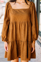 Load image into Gallery viewer, Chestnut Square Neck Puff Sleeve Tiered Corduroy Mini Dress
