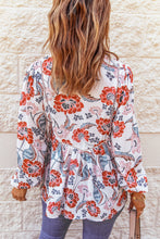 Load image into Gallery viewer, Fiery Red Split Neck Bubble Sleeve Floral Patchwork Blouse
