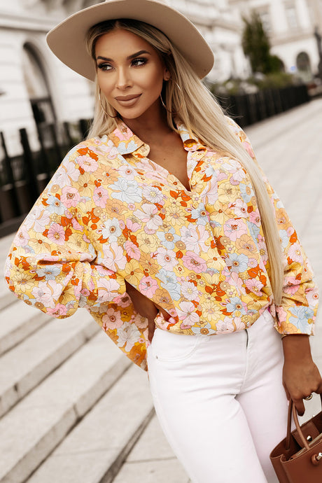 Yellow Floral Print Turn Down Collar Loose Shirt | Tops/Blouses & Shirts