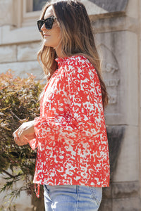 V-Neck Blouse | Fiery Red Floral Ruffled Notched