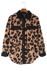 Black Contrast Trimmed Leopard Teddy Shacket | Outerwear/Jackets